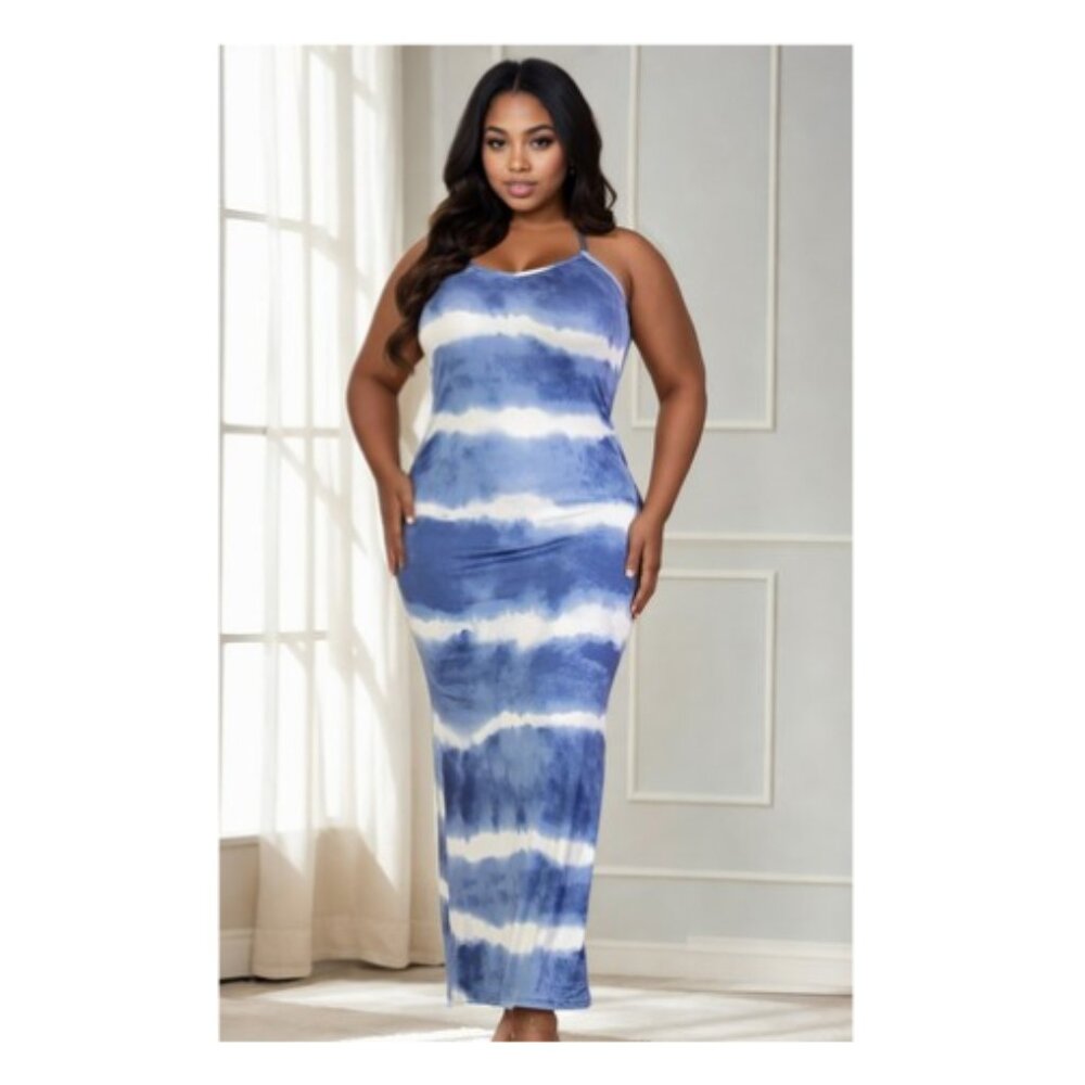 Head Turner, Blue Plus Size Stripe Tie Dye Maxi Dress, Great for Curvy Women